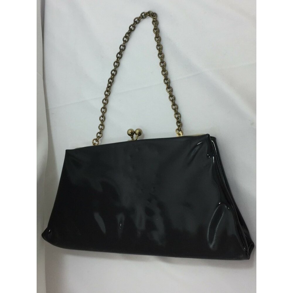 Vintage Purse St Thomas Black Patent Leather Clutch Chain Handle 26076 - Picture 5 of 5